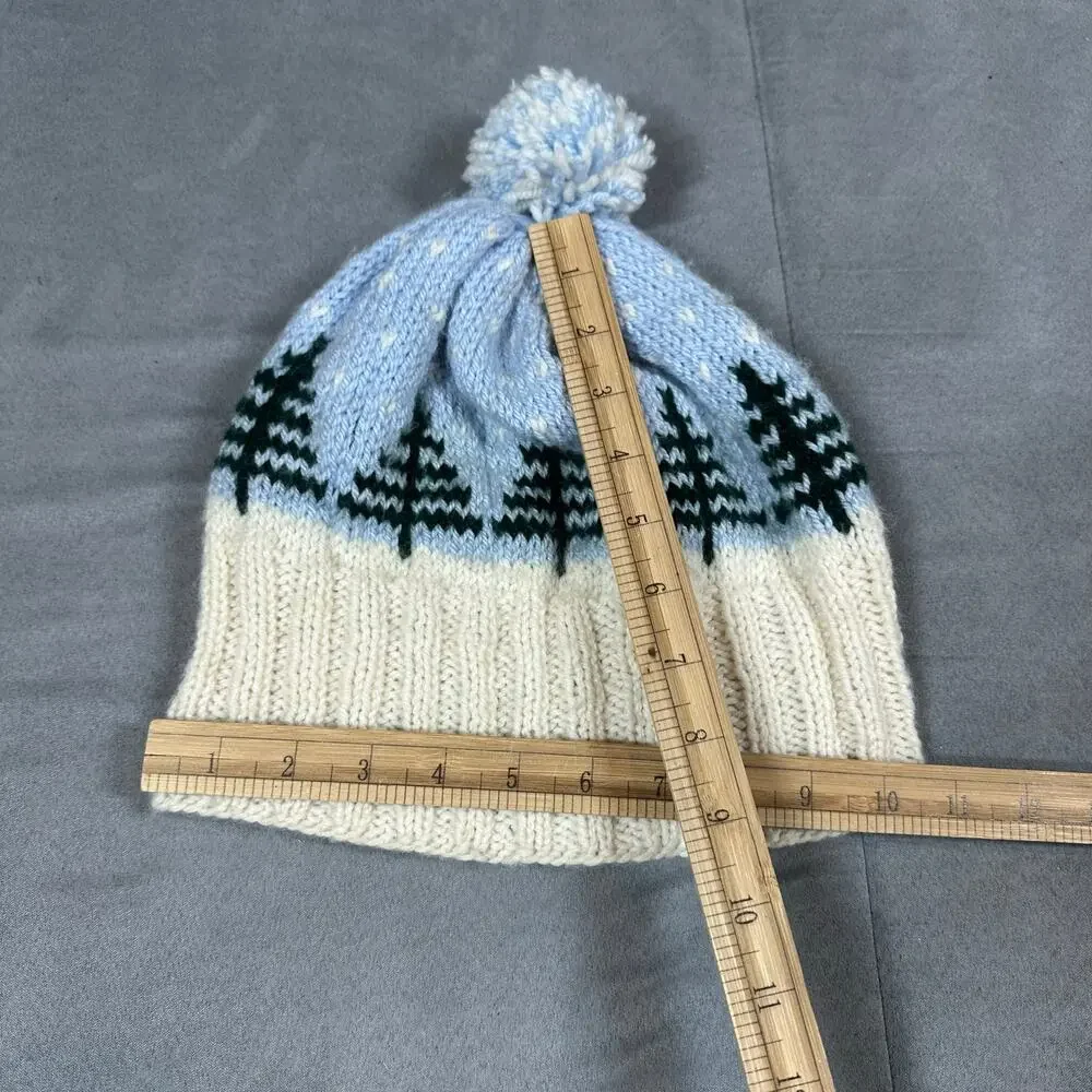 Hand Knit Beanie Pom Pom Hat Tree Pattern One Size Soft Stretchy Winter Ski